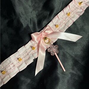 Pink Satin Bow Choker with Gold Studs and Flower Charm